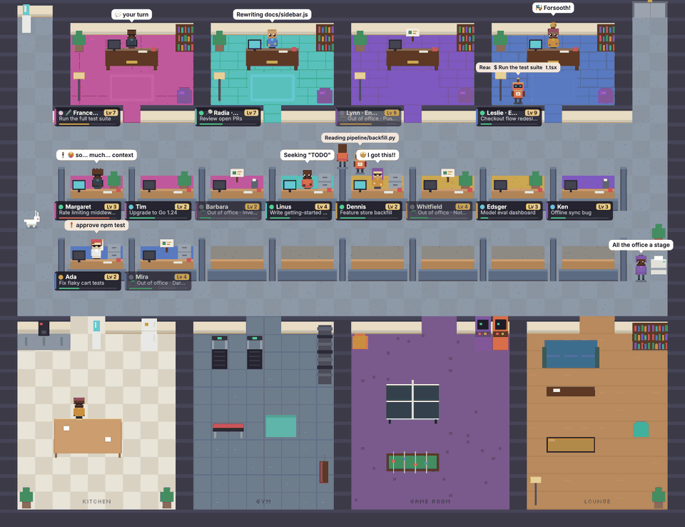The Agent Office: agents working at their cubicles, taking breaks in the kitchen, gym and game room
